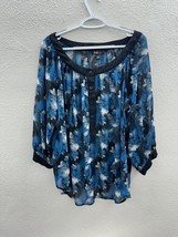 Womens AGB Blue Black Floral Sheer Henley Blouse Plus Size 3X - £9.40 GBP