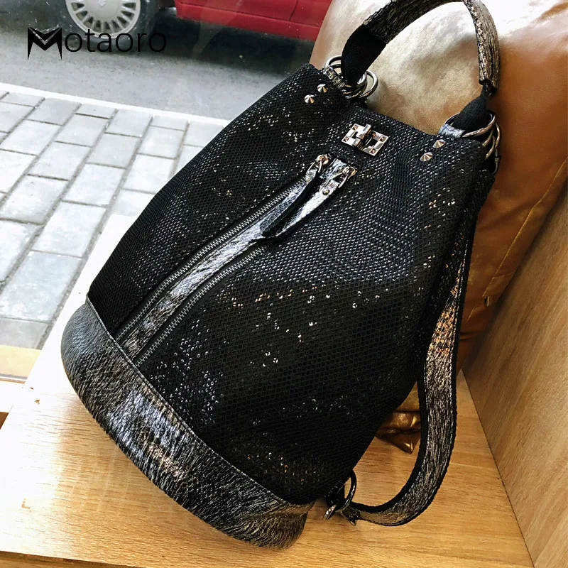 Sequins Leather Laptop Backpack Women Female Personality Lock Anti Theft Bagpack - £49.40 GBP