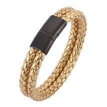 New Men Jewelry Gold Color Braided Leather Bracelet Stainless Steel Magnetic Cla - £14.49 GBP