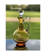 Vintage Clear Handle Amber Glass Pitcher Art Hand Blown 12” Decanter w/ ... - $40.74