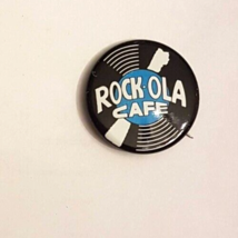 Rock-ola Cafe Metal Button Pin Back VTG Vinyl LP Record Blue Logo Advert... - $9.84