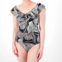 Susan Graver Soleil Shoulder Ruffle One-Piece Swimsuit- Black Palm, Regular 12 - £23.52 GBP