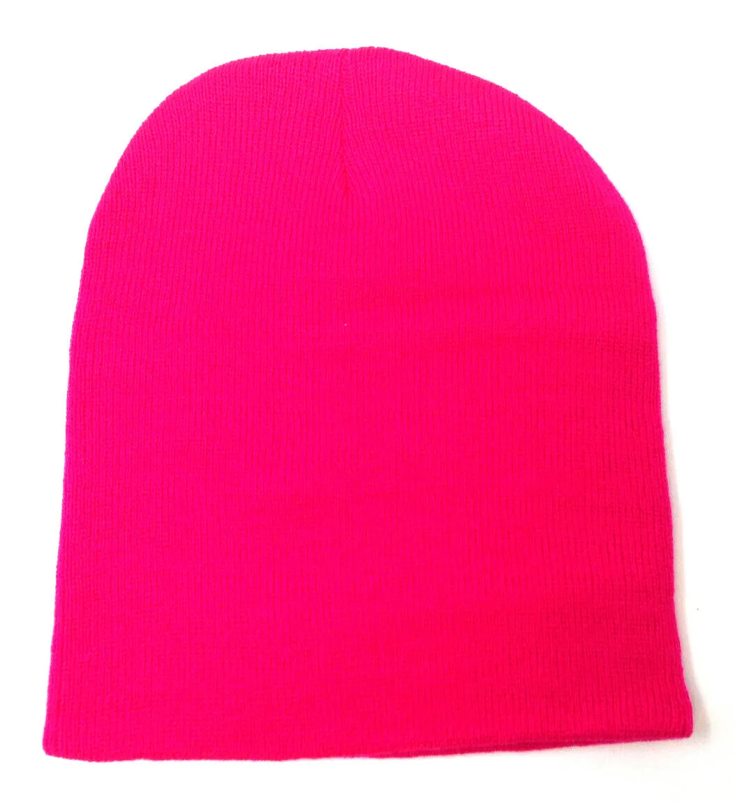 Solid Plain Blank Short Uncuffed Knit Beanie skull cap ski Hat retro hot pink - $16.99