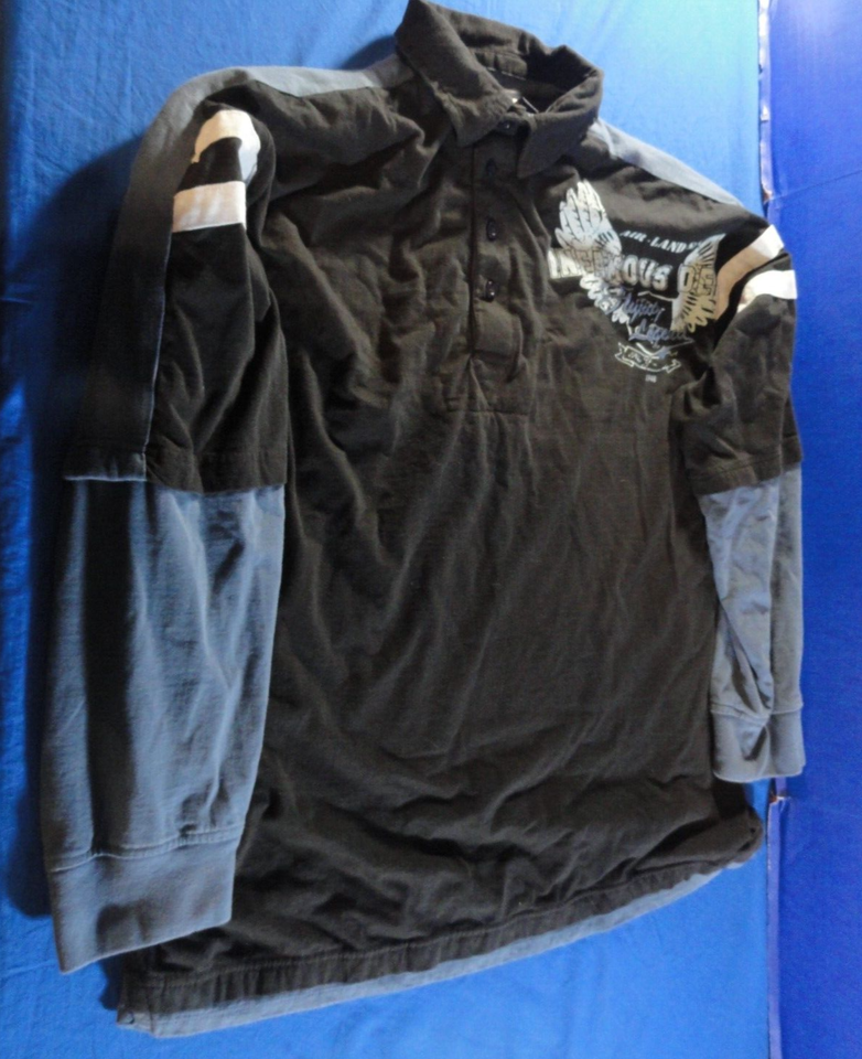 AIR LAND SEA INFAMOUS FLYING LEGEND BLACK BLUE LAYERED LONG SLEEVE POLO ... - $20.82