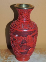 Vintage Small Cinnabar 6&quot; Vase red lacquer brass deep carving Chinese An... - $538.11 MXN