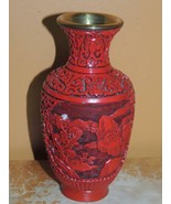 Vintage Small Cinnabar 6" Vase red lacquer brass deep carving Chinese An... - $29.24