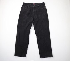 Vtg 90s Tommy Hilfiger Mens 38x32 Distressed Baggy Wide Leg Denim Jeans Black - £63.26 GBP