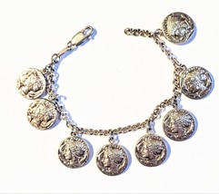 Vintage Sterling Silver Faux Coin Charm Bracelet P.R. Italy 7&quot; Small Wrist - £60.24 GBP