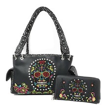 Texas West Women&#39;s Embroide Sugar Skull Handbag Purse Wallet Set in Multi Color - £45.03 GBP