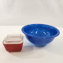Pyrex 325 Blue Mixing Bowl Clear Bottom + Red 501 Fridgie w/ Lid Vtg Glass - £22.82 GBP