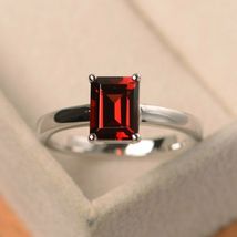 1.90Ct Emerald Cut Red Garnet Solitaire Engagement Ring 14k White Gold Finish - £59.43 GBP