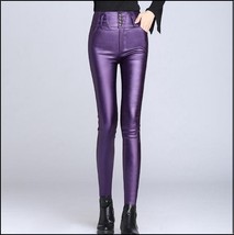 Purple Stretch Faux Leather High Waisted Button Up Skinny Pencil Trousers