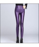 Purple Stretch Faux Leather High Waisted Button Up Skinny Pencil Trousers - £50.31 GBP