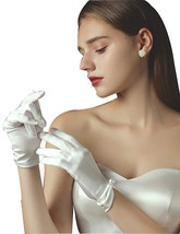 Short Satin Bridal Gloves Women Vinatge Stretchy Gloves Wrist Length Wit... - $17.95