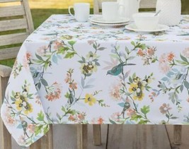 Printed Fabric Tablecloth,60&quot;x104&quot;Oblong,BIRDS &amp; SPRING FLOWERS,JUNIE BL... - $29.69