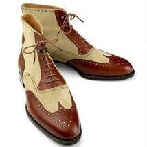 New Handmade Men’s Brown Cowhide Leather Beige Suede Ankle High Balmoral... - $148.49