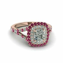 2Ct Émeraude Coupe Diamant &amp; Rose Rubis Femmes Fiançailles Bague 14K Fin... - $88.16