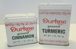 DURKEE Spice Tins Cans 2 Vintage Tins 2 oz Ground Turmeric 1 oz Ground Cinnamon - £7.85 GBP