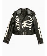 Women&#39;s Black Leather Biker Jacket With Skeleton Print - £55.93 GBP