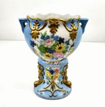 Vintage Art Nouveau Floral Vase Porcelain Gilded Gold Blue &amp; White Victorian 8&quot; - £39.33 GBP