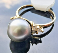 14K Yellow Gold South Sea Charcoal Grey 9.5 Mm. Pearl Diamond Ring Size 7.25 - £418.81 GBP