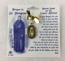 Prayer to St. Peregrine Gold Tone Bow and Saint Medal Brooch Pin 1998  - $12.65