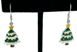 Christmas Tree Earrings Stocking Stuffer Gift Dangle Drop Enameled Silver Tone - £14.18 GBP