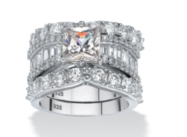 Princess Cz Wedding Bridal 3 Ring Set Platinum Sterling Plated 6 7 8 9 10 - £160.35 GBP