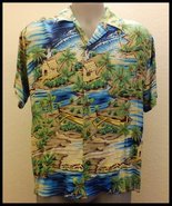 Ocean Current RAYON Hawaiian Shirt Ocean and Village Print - £15.98 GBP