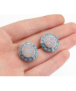 925 Sterling Silver - Druzy Stone Enamel Border Button Drop Earrings - E... - £34.78 GBP