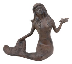 13&quot;L Cast Iron Large Nautical Siren Mermaid Holding Starfish Statue Rust Finish - £55.48 GBP