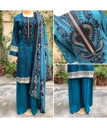 Pakistani Teal Printed Straight Shirt 3-PCS Lawn Suit w/ Threadwork ,XL - $77.17 CAD