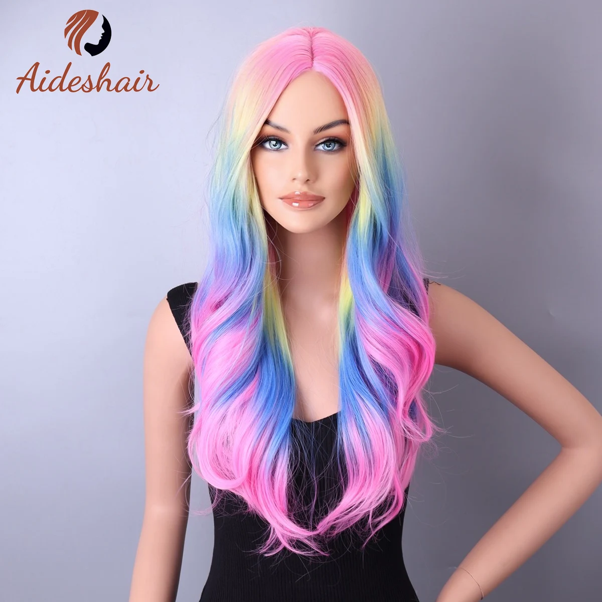 Rainbow Synthetic Wig for Woman Long Body Wave Hair Cosplay Lolita Party Natur - £12.56 GBP+