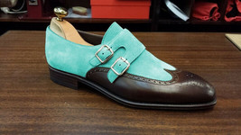 Mens Blue Dark Brown Leather Suede Shoes, Double Monk Strap Wingtip Form... - $143.99