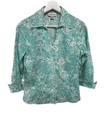 Coldwater Creek Spring Summer 100%Cotton Blouse Aqua Blue &amp; White Floral... - $34.05 CAD