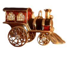 Smithsonian Enamel Crystal Train Engine Brooch Pin Gold Red - £25.73 GBP