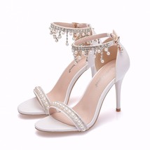 Crystal Queen Sweet White Sexy Dress Wedding Shoes Women Lacing Ankle Strap Peep - £40.29 GBP
