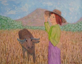 Painting Original Field Mountain Woman Cow Hat Landscape Monet Style Signed Art - £26.50 GBP