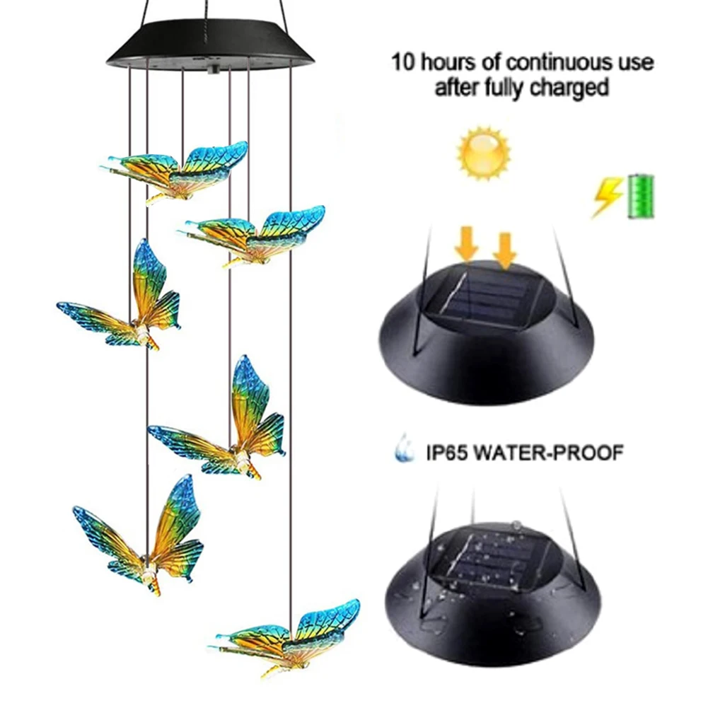 LED Colorful Solar Power Wind Chime Crystal Hummingbird  Waterproof Outdoor Wind - £43.48 GBP