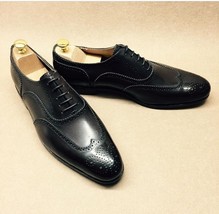 Mens Beautiful Black Oxfords Leather Wing Tip Lace Up Formal Handmade Shoes - $143.99