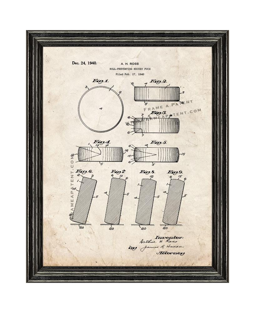 Official NHL Puck 1942-1960 Patent Print Old Look with Black Wood Frame