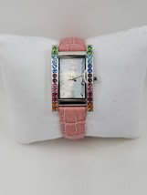Diamonique Rainbow Tank Stainless Pink Leather Strap Watch - $59.95
