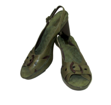 Indigo Slingback Sandals Olive Green Leather Womens Size 8.5 Comfort Buckle Heel - £14.02 GBP