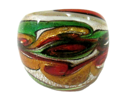 Green Gold Metallic Foil Lampwork Murano Style Art Glass Dome Band Ring Sz 4.5 - $11.00