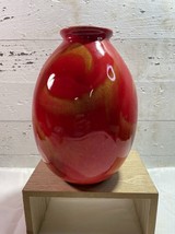 Red and Yellow Orange Swirl Glaze Pottery Oval Shaped Vase - £19.33 GBP