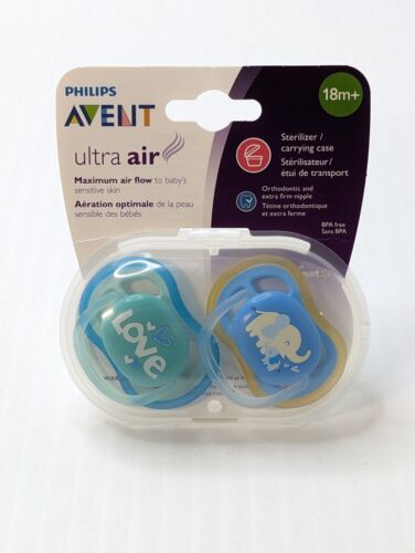 2 pk Philips Avent Ultra Air Pacifiers Blue Green 18m+ With Case New In Package - $11.87