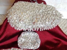 Vintage Beaded &amp; Sequined Silver Clutch Purse with Coin Purse (#3065) - $39.99