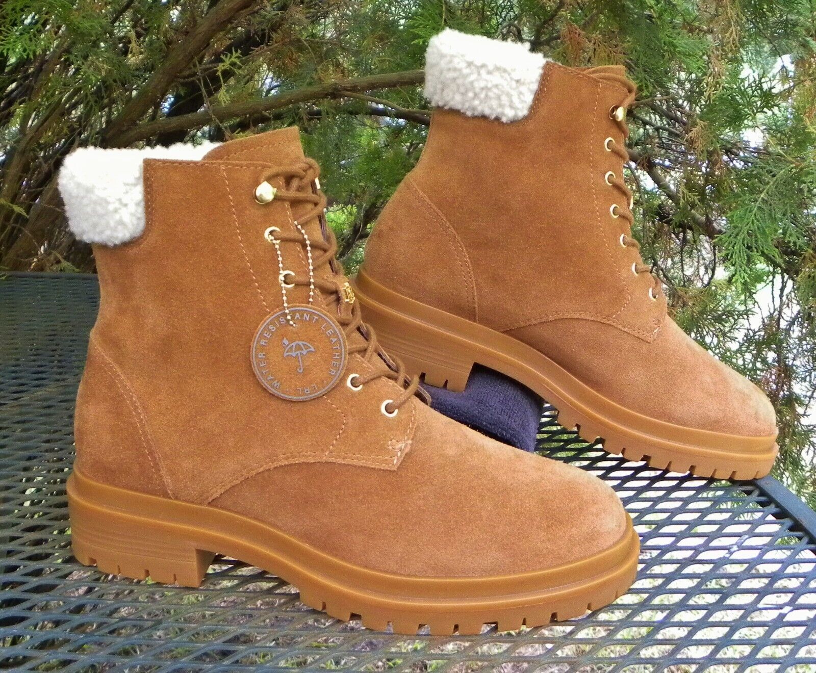 Ralph Lauren Suede Leather Combat Boots Lace Up Ankle Shearling Trim Wom... - $82.07