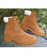 Ralph Lauren Suede Leather Combat Boots Lace Up Ankle Shearling Trim Wom... - €71,27 EUR