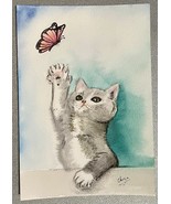 Original Hand painted watercolor painting of a Cat Chasing A Butterfly - $35.64